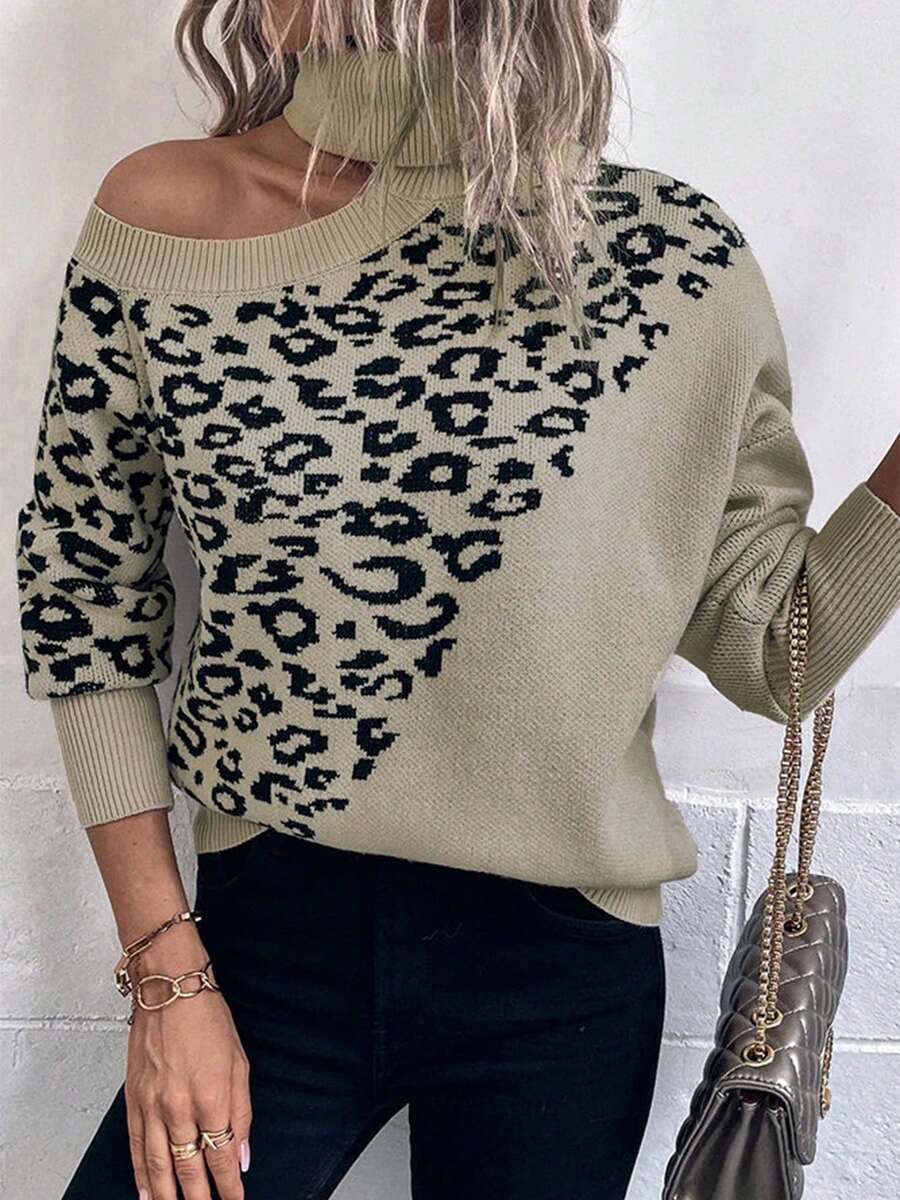 ملابس علوية محبوكة جديدة للنساء في فصل الخريف/الشتاء، أنيقة وعصرية للاستخدام اليومي، بتصميم غير متماثل مع نقشة نمر جاكار، وأكتاف مكشوفة وياقة عالية وأكمام طويلة