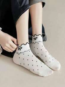 4 Pairs Black And White Women Ruffle Trim Ankle Socks With Patterns: Cherry, Bow, Stripe, Plaid, Heart, Elegant Socks Suitable For Spring And Summer
