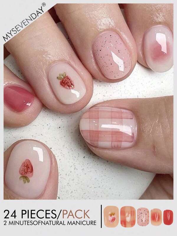 24 Short Trapezoidal Pressure-Type False Nail Pieces, Cute Little Strawberry Pattern French-Style Women's Nail Patches, With 1 Piece Of Jelly Glue And 1 Piece Of Washboard, Suitable For Women's Parties, Balls, Daily Casual Wear, Detachable And Reusable