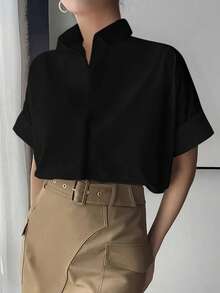 Women's Commuter Casual Solid Color Batwing Sleeve Short Sleeve Elegant Collared Shirt - Comfortable Blouse, Suitable For Office, Work And Daily Wear Black Summer - Black - View 3