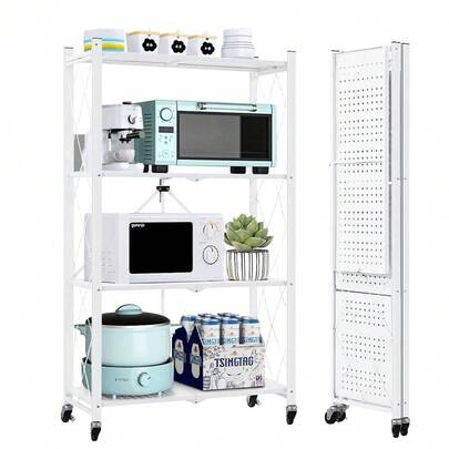 4-Tier Storage Shelving Unit, Metal Shelf, Foldable Storage Shelf With Wheels, 27.9"X13.4"X49.72" Garage Shelf, Kitchen Shelf With 4 Hooks, No Assemble Require, White