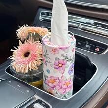Kompakter rosa-weißer Blumen Auto Taschentuchhalter - passt in den Getränkehalter, inklusive Taschentücher, perfekt für Reisen & Verwendung Zuhause. Kompakter Blumenfahrzeug-Taschentuchhalter - Blumendesign in rosa und weiß, Papierrolle für Autositz, Reise-Taschentuchbehälter für Getränkehalter