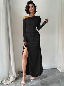 Ween Lady Sexy Slit Off Shoulder Dress - Black - View 1