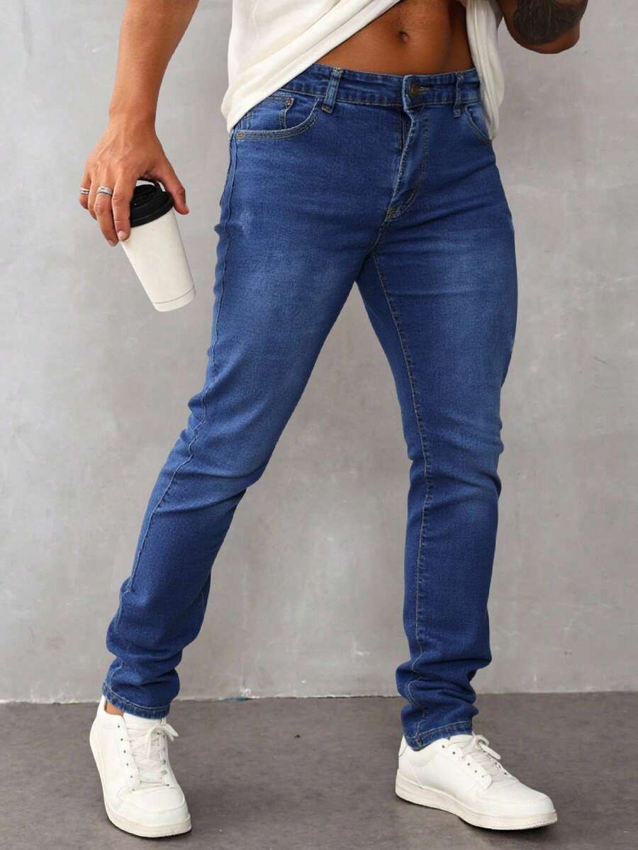 Pantalones vaqueros ajustados para hombre de color azul, tela transpirable y cómoda, ideales para estilos casuales urbanos - Azul lavado medio - Ver 1