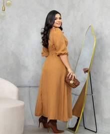Aurora Boho Midi Dress With 3/4 Sleeves Godet Christian Fashion - 摩卡棕 - 查看 3