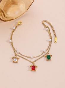Pulseira de Trevo de Aço Titânio Dourado Minimalista, Incrustada com Cubic Zircônia, Comprimento Ajustável, Adequada para Verão, Férias, Presentes para Namoradas, Anti-Desbotamento, Anti-Alérgica, Elegante Acessório Feminino