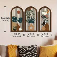 3-Piece Boho Style Vase Set With Leaf, Sun And Moon Elements, Wooden Painting Decor, Suitable For Home, Farm House, Living Room, Bedroom, Office, Cafe Wall Art, Gift
