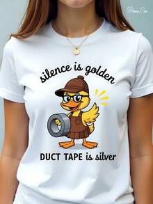 Camiseta Mujer 180g Algodón Blanco Cuello Redondo Manga Corta Estampado Divertido Pato Detective Texto Silencio es Oro Cinta Plateada Verano Ropa Casual Regalo Día de la Madre Juvenil  2023 - Blanco - Ver 1