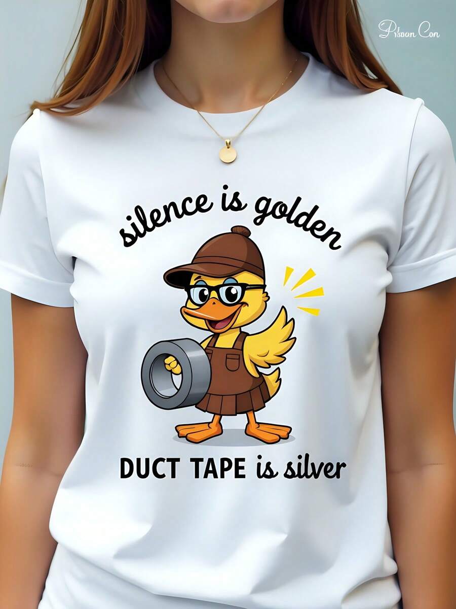 Camiseta Mujer 180g Algodón Blanco Cuello Redondo Manga Corta Estampado Divertido Pato Detective Texto Silencio es Oro Cinta Plateada Verano Ropa Casual Regalo Día de la Madre Juvenil 2023 - Blanco - Ver 1