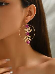 1 par de brincos elegantes da moda feminina, design circular de metal vazado com flor rosa e formato de folha dourada, adequados para uso diário e festivais, acessório sofisticado