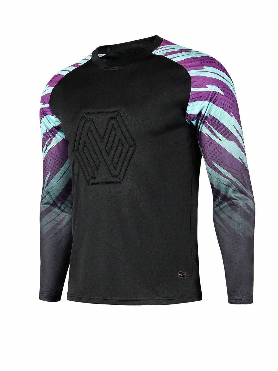 Men's Soccer Goalkeeper Jersey With Foam Chest Protector, Foam Elbow Pads, Anti-Slip Plastic Strips, Running & Sports Training Top, Colorblock Geometric Striped Long Sleeve Breathable Quick-Dry T-Shirt