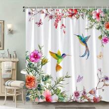 1pc Hummingbird And Flowers Shower Curtain Featuring Colorful Hummingbirds And Hibiscus Flowers In A Nature-Inspired Watercolor Design Bathroom Decor Polyester Fabric With 12 Hooks