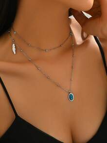 1pc Fashionable Vintage Turquoise Ellipse & Leaf Shaped Double-Layered Stainless Steel Necklace For Women, Retro Style Collar Accessory For Celebrations & Festivals - Yellow Gold - View 12