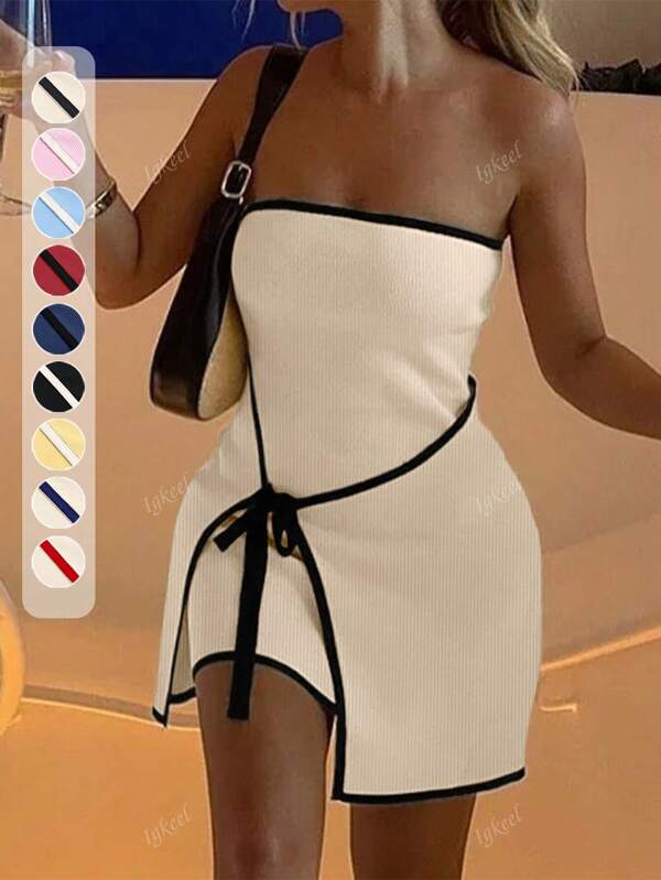 Spring And Summer Women's Dress, Romantic And Elegant, Color-Block Off-The-Shoulder Knitted Mini Dress,Western Wear Women