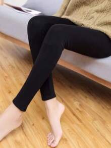 Free Shipping Adult Women's 80 Thread Stockings Without Feet Thermal Plush Black Color With Skin Sock Intense Cold Adult Only - 黑色 - 查看 3