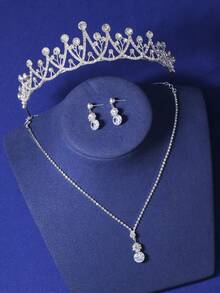 4pcs Jewelry Set For Teenagers, Including Crown, Necklace, Earrings, Suitable For Wedding, Party, Stage Performance, Also Great Birthday Gift For Friends - Silver - View 4