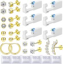 Kit de perforación de oreja de 24 piezas que incluye 6 piezas de pistola de auto-perforación, 12 piezas de aretes de aro y de tachuelas con circonita cúbica, 6 almohadillas de alcohol, herramienta de fácil uso para kit de perforación de oreja - Dorado - Ver 1