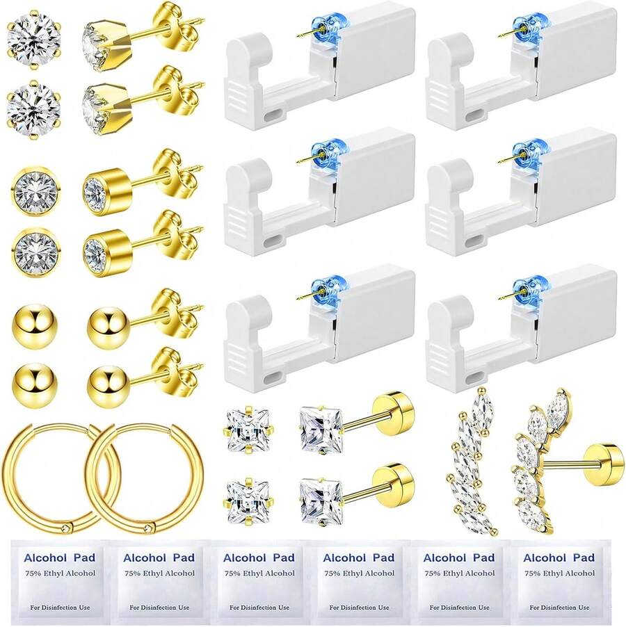 Kit de perforación de oreja de 24 piezas que incluye 6 piezas de pistola de auto-perforación, 12 piezas de aretes de aro y de tachuelas con circonita cúbica, 6 almohadillas de alcohol, herramienta de fácil uso para kit de perforación de oreja - Dorado - Ver 1