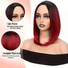 Red Ombre Short Bob Wig 14 Inch Straight Synthetic Hair For Women Natural Looking Party Cosplay Wig - Burgundy - View 3