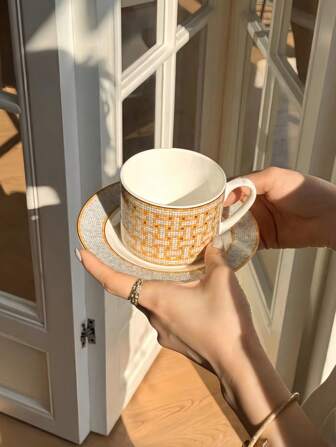 Silver Geometric Pattern Ceramic Cup And Saucer Set, Vintage Elegant Coffee Cup And Saucer Set, Party Dessert Afternoon Tea Cup And Saucer Set, Sculptural Architectural Beverage Cup And Saucer Set, Suitable For Holiday Gatherings, Parties, Restaurants, Living Room, Cafes