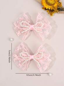 2 piezas/4 piezas Pinzas para el cabello con lazos de tul rosa y blanco para niñas, lazos de perlas artificiales, accesorios elegantes para el cabello para uso diario de adolescentes como regalo