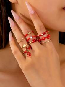 8 件海洋海滩风格海星戒指套装，种子串珠波西米亚戒指，贝壳戒指女士波西米亚风格珠宝适合度假、日常佩戴 - A12739 - 查看 15