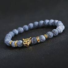 Gold Leopard Head Bracelet For Men Fashion Male Punk Blue Weathered Volcanic Lava Stone Bracelets Jewelry - Multicolor - View 1