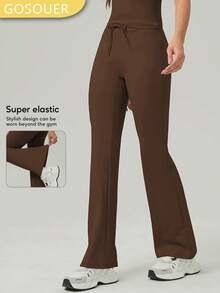 Women's Adjustable Drawstring T-Shaped Hip Line Sports Outdoor Dance Flared Pants - Coffee Brown - View 1
