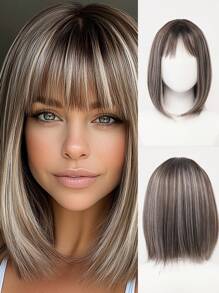 XYUNMI Fashion Ombre Brown Long Straight Bob With Bangs 16 Inch Highlight Blonde Wig Lightweight Breathable Women's Heat Resistant Synthetic Wig Suitable For Daily Wear Party Role Playing Photoshoot Beautiful Natural Lively Cute Short Hair