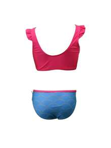 Conjunto de bikini infantil dividido para niñas de 4 a 10 años, sin mangas. El tejido es suave y delicado con la piel, decorado con adorables motivos cartonísticos de sirenas y diseños tridimensionales de colas de sirena en apliques. Es un conjunto de dos piezas ideal para niñas. - Rosa Fucsia - Ver 3