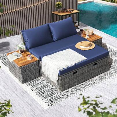 Outdoor Rattan Lounge Chair With 2 Side Tables, Multifunctional Outdoor Patio Daybed With Footrest, Cushions, Storage Ottoman,Chaise Lounge Chair For Backyard Porch Poolside