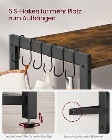 VASAGLE Küchenregal mit Steckdosen, Standregal mit 2 Metallkörben, Bäckerregal mit Haken, Regalablagen,Industrie-Design - EU F-Typ Stecker (220-240V) - Übersicht 9