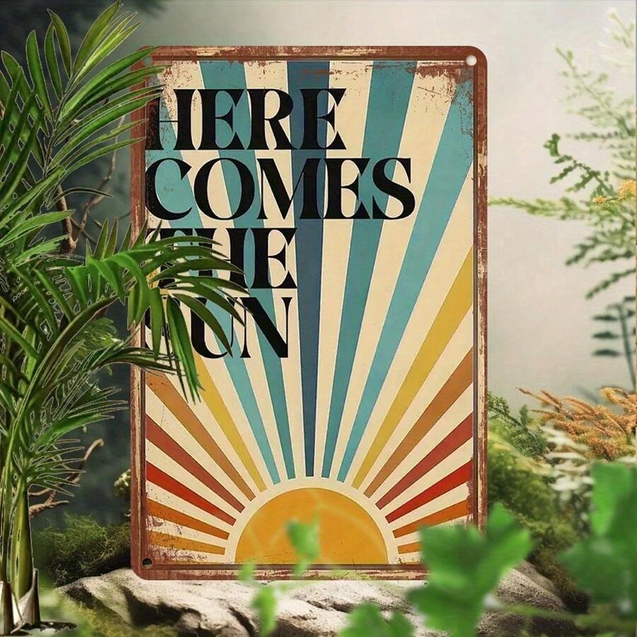 1 件复古风格铝制标牌“太阳来了” - UV 印刷墙壁艺术，8x12 英寸，防尘防水金属牌匾，适用于室内/室外装饰，非常适合家庭、办公室、酒吧、俱乐部、电影院、咖啡厅、卧室 - 多功能复古装饰标牌（英文）