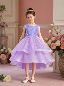 Váy bồng bềnh đuôi tôm không tay cổ tròn đính nơ sequin cho bé gái, thanh lịch cho đám cưới và tiệc tùng, không bao gồm băng đô - Màu tím hoa cà - Xem 4