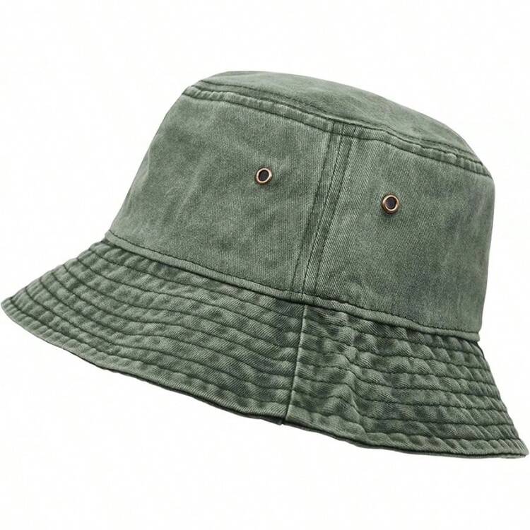Bucket Hat, Wide Brim Washed Cotton Outdoor Hat Flat Top Cap Fishing Hiking Beach Sports - Army Green - View 6