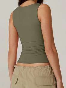 Women's Square Neck Tank Tops Sleeveless Solid Color Slim Fit Tank Tops Summer Shirts - 軍綠色 - 查看 6