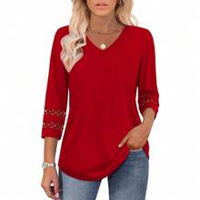 XIEERDUO 3/4 Length Sleeve Womens Tops Dressy Casual Blouses For Women 2025  V Neck T Shirts Summer Clothes - 紅色 - 查看 2