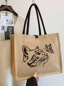 猫咪蝴蝶主题手提包套装：女士手提包和化妆包，包括一个亚麻卡通猫咪图案手提包和一个小包/零钱包，印有猫咪和蝴蝶图案，可作沙滩手提包、时尚大容量化妆包、旅行化妆包、纯色拉链包，适合上学、大学、通勤、生日等场合。