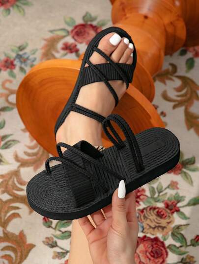 Women's Summer Flat Slip-On Sandals Black Velvet