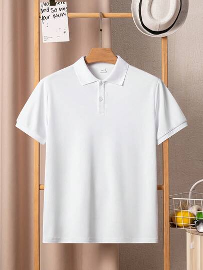 青少年男孩经典纯白色短袖 Polo 衫，适合上学、聚会和日常穿着