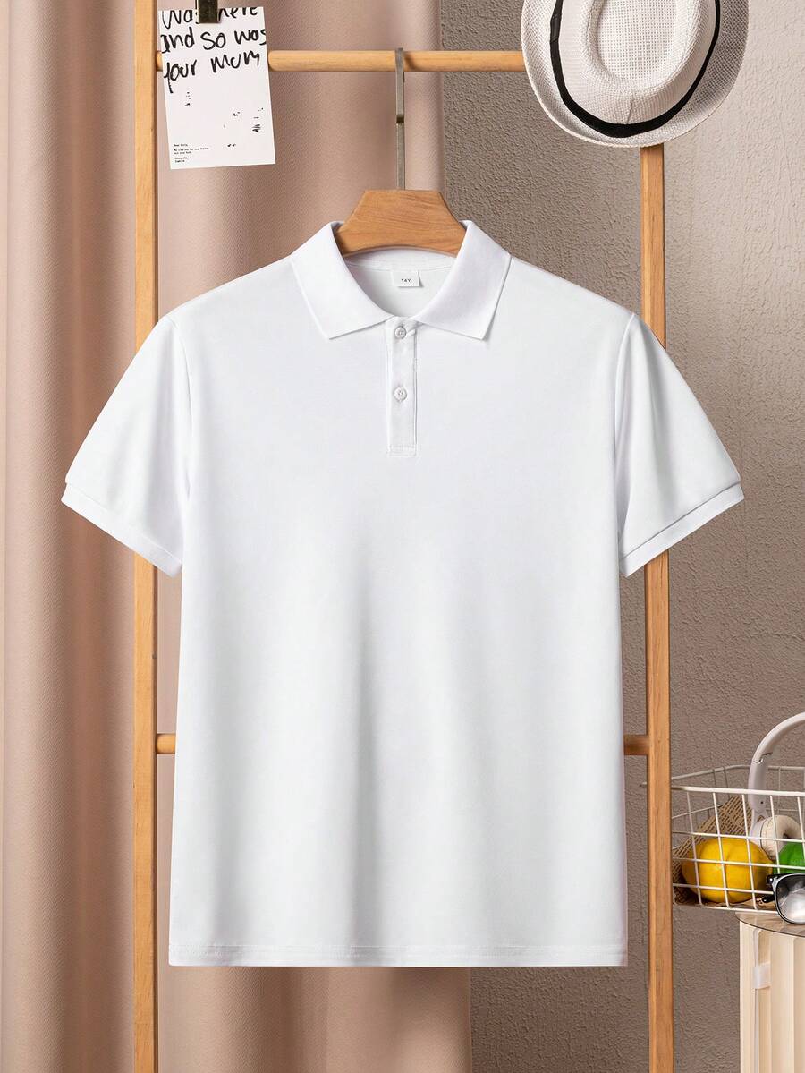 Teenage Boys Classic Solid White Short Sleeve Polo Shirt, Suitable For School, Gatherings, And Everyday Wear - White - View 1