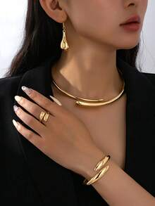 1 Bộ trang sức vòng tay, nhẫn, vòng cổ, hoa tai bằng hợp kim hình giọt nước kim loại thanh lịch, thích hợp cho các bữa tiệc, dạ hội và hẹn hò, một món quà thanh lịch cho bạn gái - Bạc - Xem 7