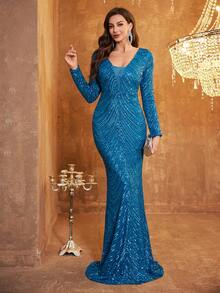 Long Sleeved V Neck Mermaid Hem Sequin Formal Dress - Royal Blue - View 4
