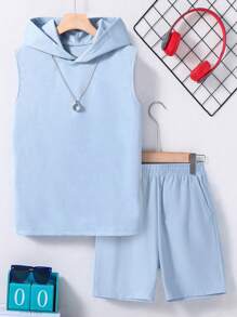 Conjunto de 2 peças de moletom com capuz e regata para treino casual para meninos/adolescentes + shorts soltos lisos, primavera/verão