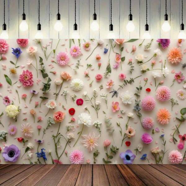 1pc Multicolor Flower 2D Flat Background Flag Wall, Polyester Fiber, Multiple Sizes, Suitable For Home, Yard Decoration Background, Birthday Party, Anniversary And Home Decoration And Party Photo Background