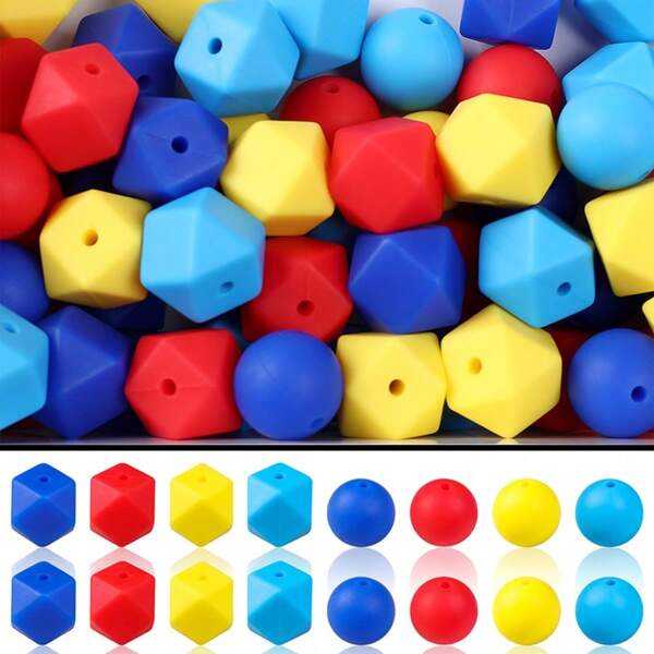 61Pcs Autism Awareness Silicone Beads With Elastic String Set - 15mm Round Beads And 14mm Hexagonal Beads Mix And MatchPerfect For Jewelry Making, DIY Crafts, Keychain, Bag, And Bracelet Accessories - Soft, Flexible, And Durable Material For Creative Projects