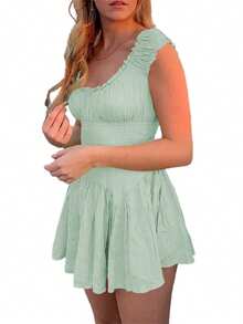 Women Flowy Pirate Dress Fairy Short Sleeve Y2k Off Shoulder Ruffle Corset Mini Dresses - 綠色 - 查看 3