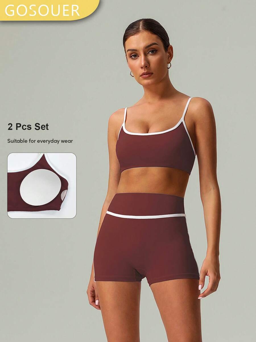 Spring And Summer 2 PCS Co-Ord Set Women Yoga Running Sports Bra And Short - 中紫紅色 - 查看 1