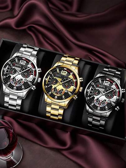 3PCS Men's Watches With Calendar Function Round Dial Quartz Watch Set, Alloy Strap Fashionable Watches For Men, Suitable For Men's Parties, Birthdays Or As A Brother, Daily Wear Decoration Or Holiday Gifts