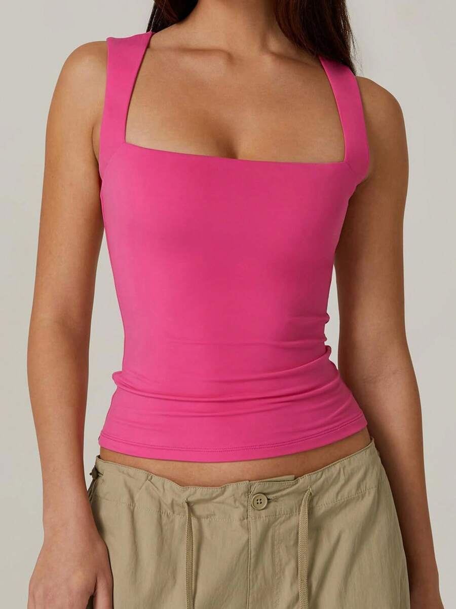 Women's Square Neck Tank Tops Sleeveless Solid Color Slim Fit Tank Tops Summer Shirts - Màu Hồng Tươi - Xem 1